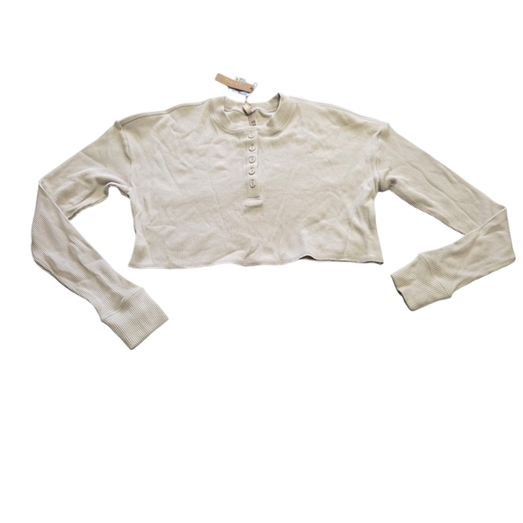 Skims Waffle Henley Long Sleeve Top Short Stone Beige XSmall NWT - Picture 1 of 4